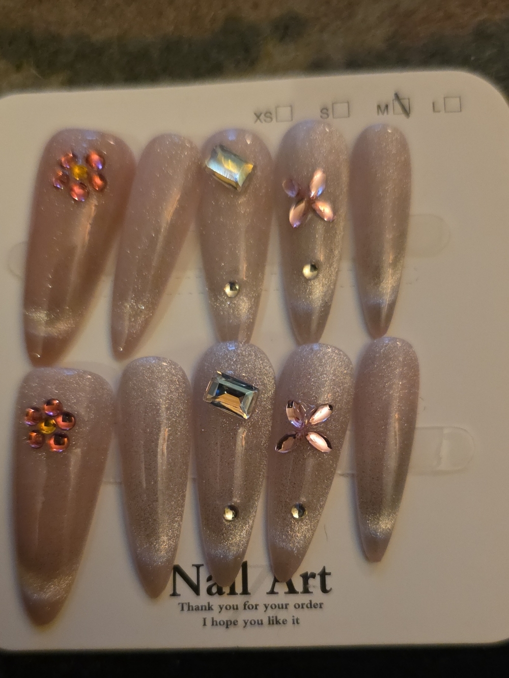 Sparkle Nude Press-On Stiletto Nails with Rhinestone Accents Set Of 10 Size Med
